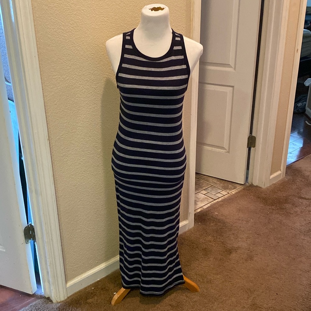 Blue and gray striped maxi dress